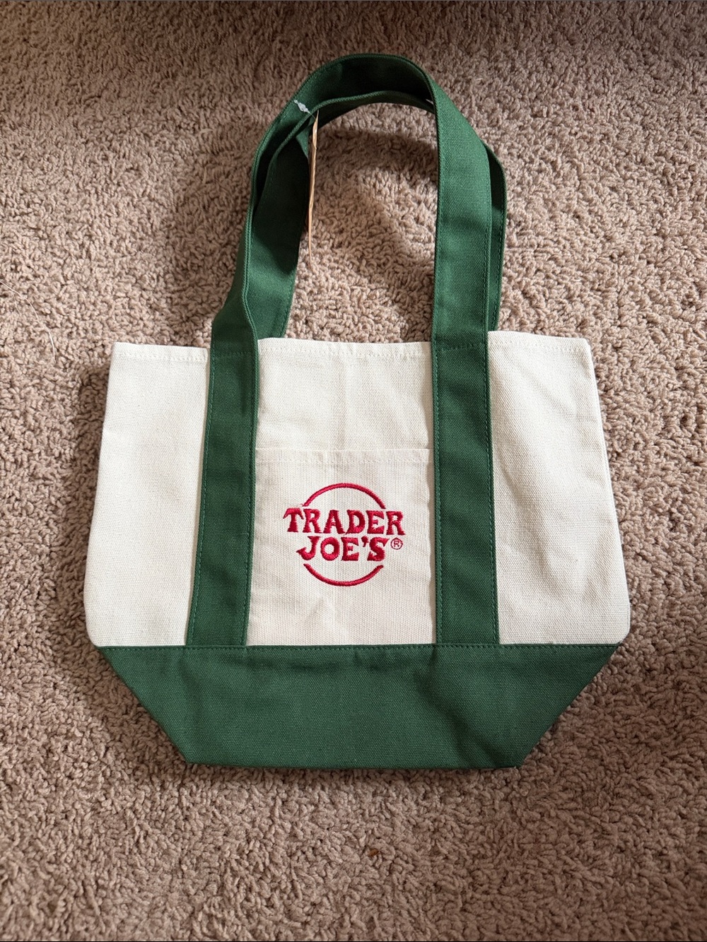 Trader Joe's Canvas Mini Tote Bag in Cream and Forest Green